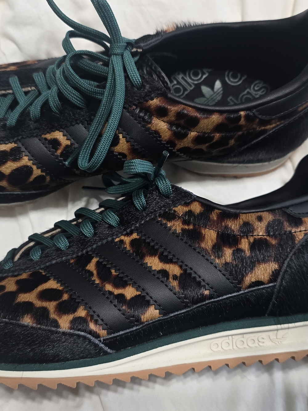 adidas Leopard-Print Sneakers with Black Stripes & Green Laces